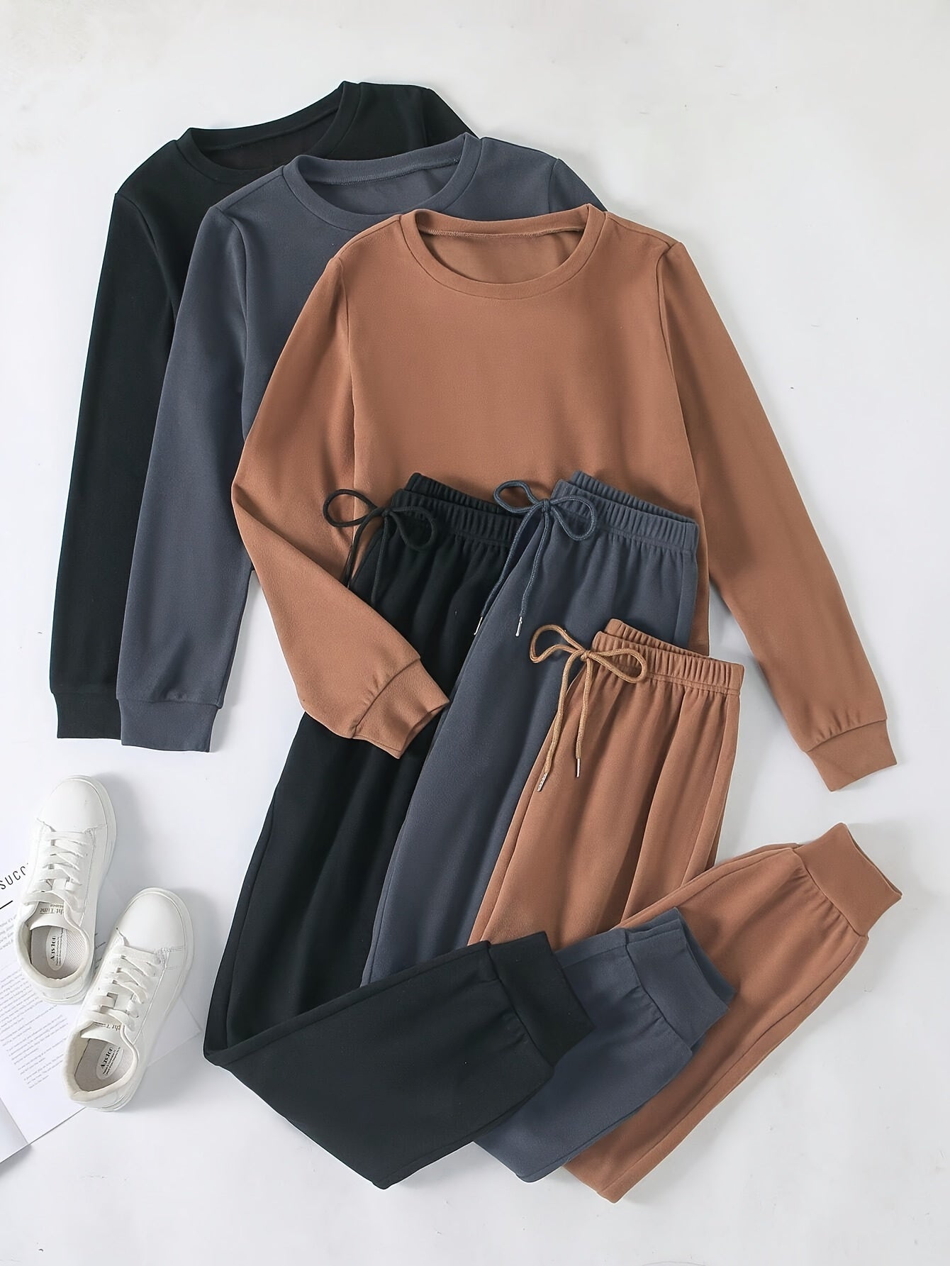 SORAYA™ Women's 6pcs Athletic Set: Long Sleeve & Pants in Teal, Peach, and Brown - Soft Polyester, Round Neck, Machine Washable - Stylish and Comfortable Sportswear
