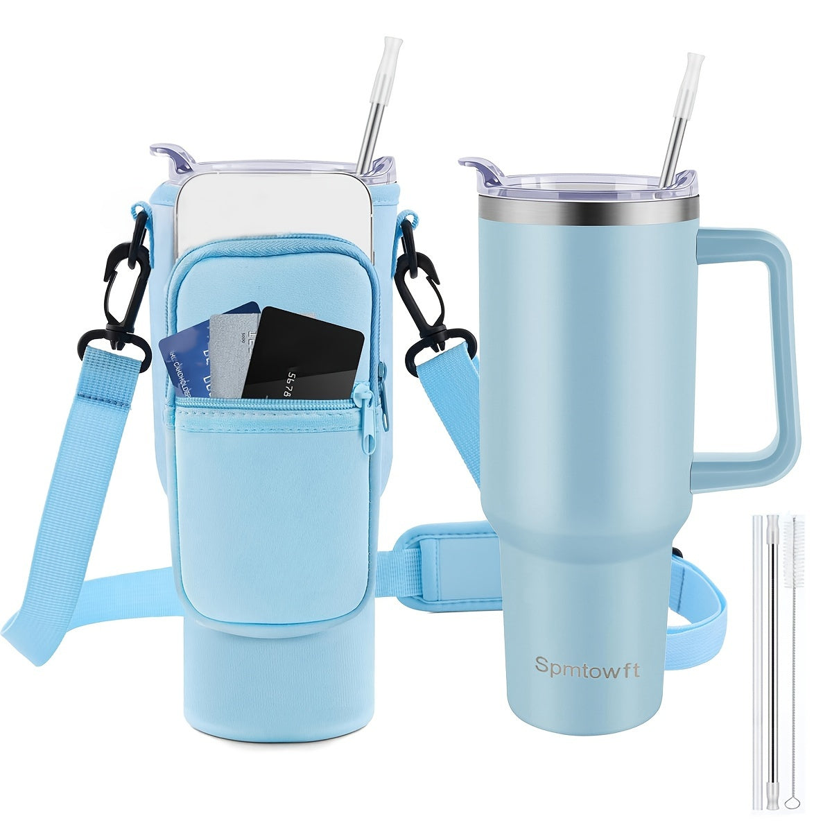 TWOINONE ™ 40oz Tumbler with Handle and Straw Lid & Carrier Bag, Stainless Steel Double Vacuum Coffee baler With Purse Pouch Phone Pocket, Gym Water Bottle Travel Mug for Men Women with Sleeve Holder