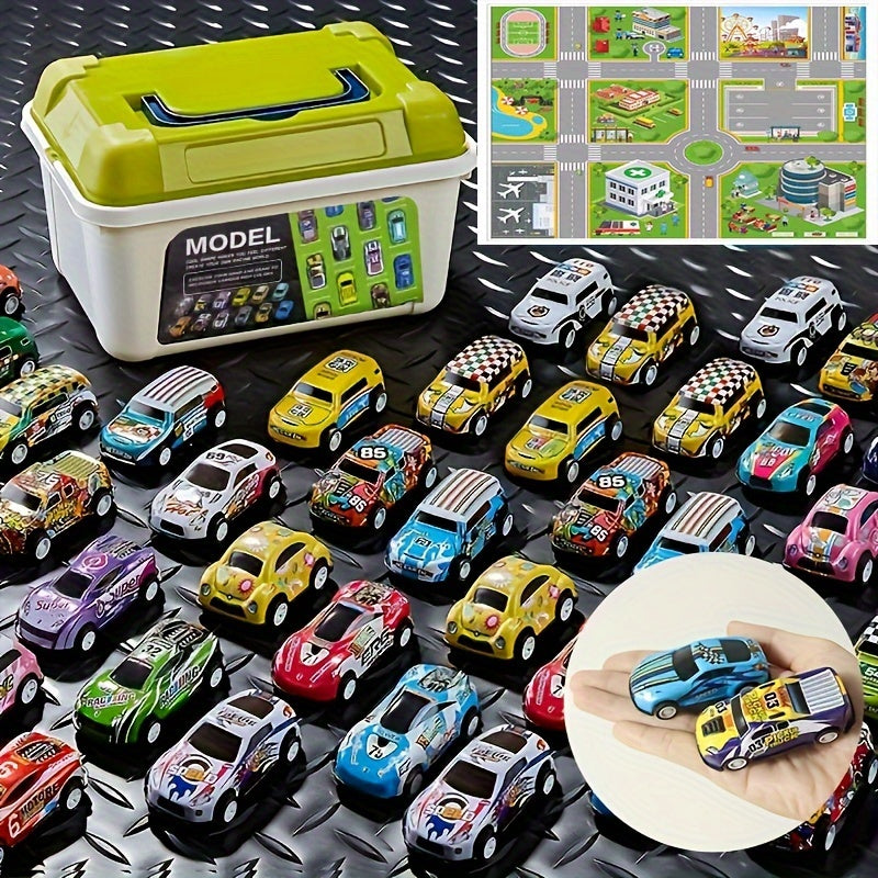 Pull-Back Racing Car Playset, Educational Inertia Vehicles with Track Map, Manual Push Play Cars, Includes Storage Box & Accessories, for Kids, Educational Toy for Boys & Girls Ages 3-6 Years