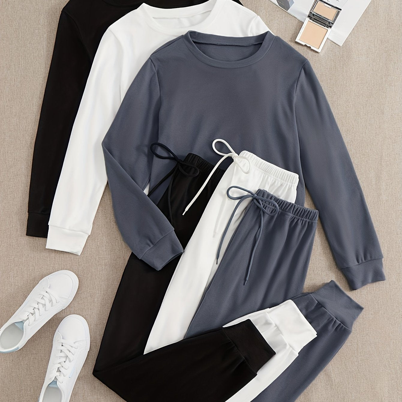 SORAYA™ Women's 6pcs Athletic Set: Long Sleeve & Pants in Teal, Peach, and Brown - Soft Polyester, Round Neck, Machine Washable - Stylish and Comfortable Sportswear