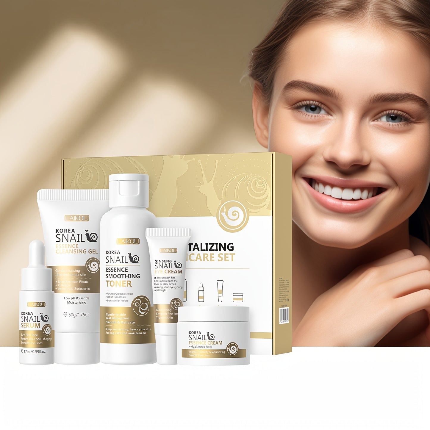 KOREAN™ skincare LAIKOU Snail Mucin 5-Step Skincare Set - Hypoallergenic Revitalizing Kit, Unisex, for All Skin Types, Includes Cleansing Gel