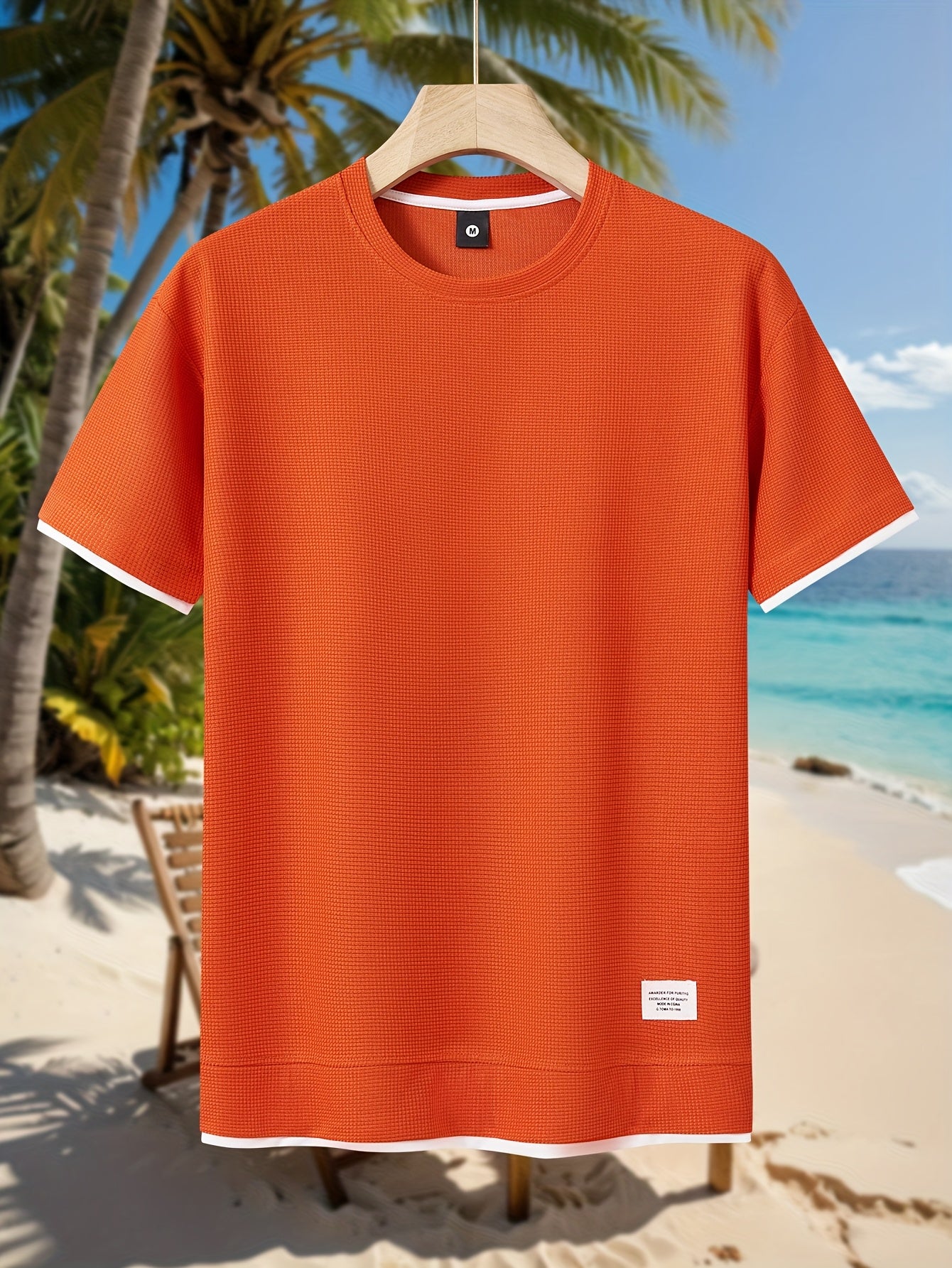 HOTOFF™️Men's Summer Casual Waffle Knit T-Shirt, 100% Polyester Crew Neck Short Sleeve Tee, Geometric Pattern, Slight Stretch, Loose Fit, 180g/m² -