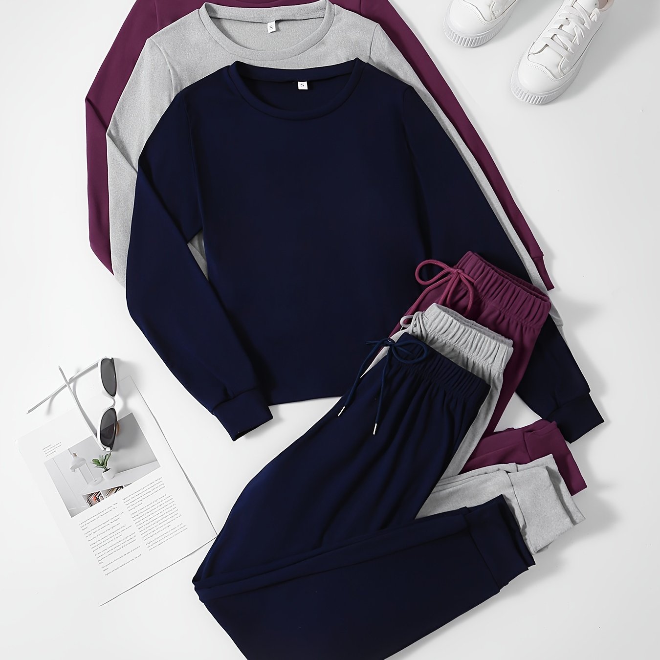 SORAYA™ Women's 6pcs Athletic Set: Long Sleeve & Pants in Teal, Peach, and Brown - Soft Polyester, Round Neck, Machine Washable - Stylish and Comfortable Sportswear