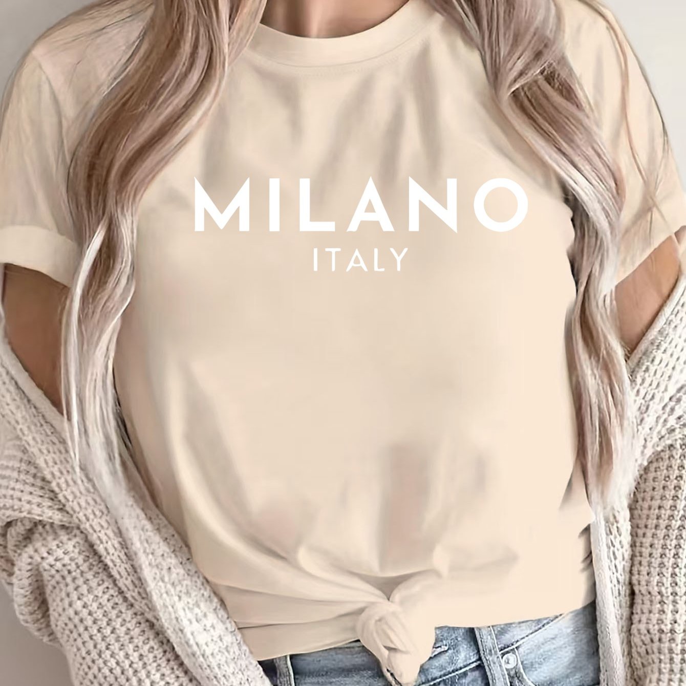 MILANO ™️ Women's Casual Polyester T-Shirt with "Milano Italy" Letter Print, Short Sleeve Crew Neck Top, All-Season Knit Fabric Tee, Regular Length - 180gsm