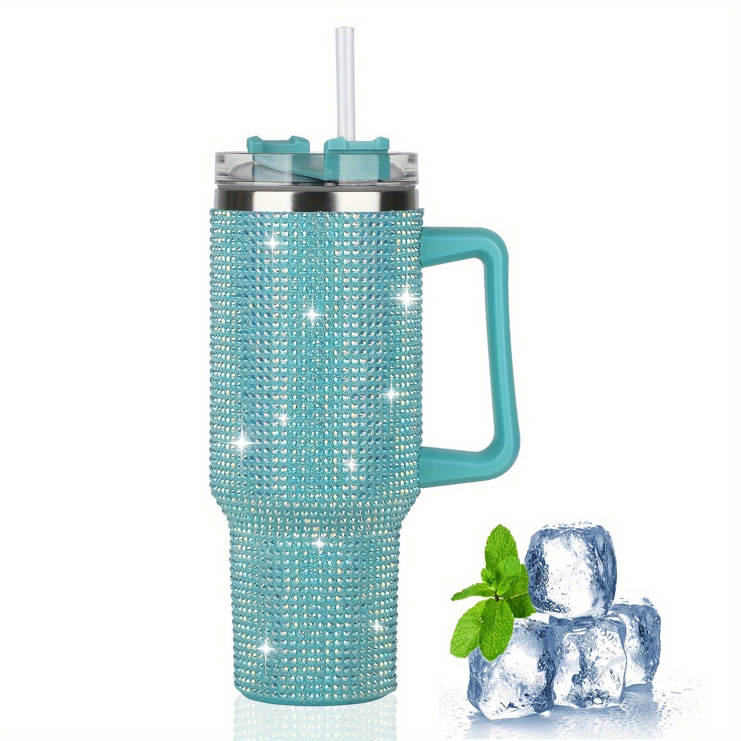 AQUANA™ 40 OZ TUBLER WHITE HANDLE STUDDED, TUMBLER WHITE LID AND STRAW INSULATED STAINLESS STEEL DOUBLE WALL WATER CUP, TRAVEL MUG