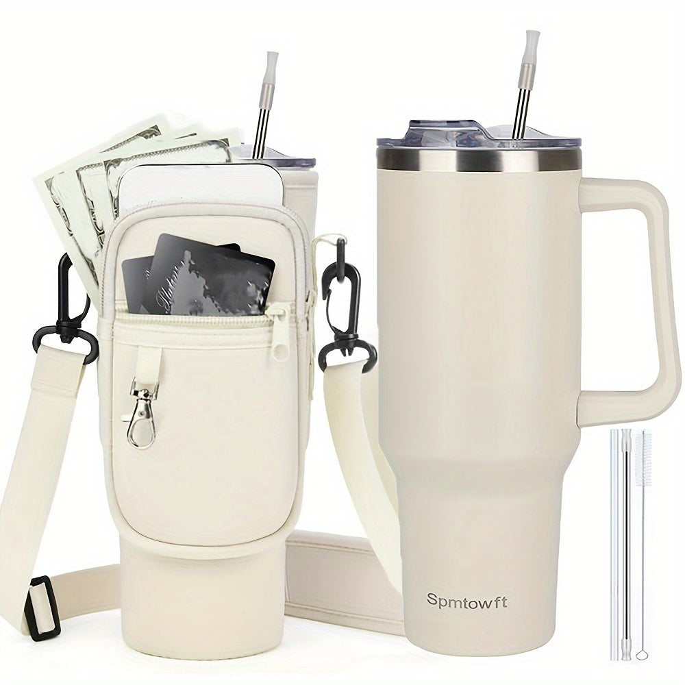 TWOINONE ™ 40oz Tumbler with Handle and Straw Lid & Carrier Bag, Stainless Steel Double Vacuum Coffee baler With Purse Pouch Phone Pocket, Gym Water Bottle Travel Mug for Men Women with Sleeve Holder