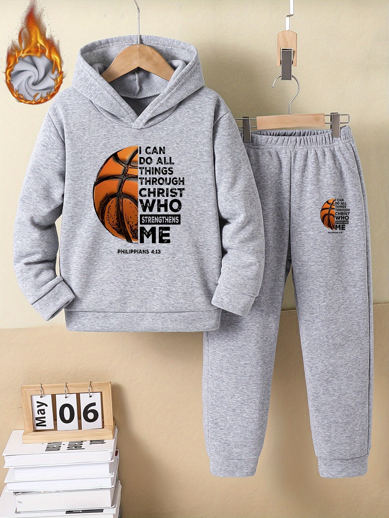 Boys™' Trendy Basketball & Letter Print Fleece-Lined Hoodie and Joggers Set - Warm, Thick Casual Sportswear for Fall/Winter, Red, Polyester, Perfect for Outdoor