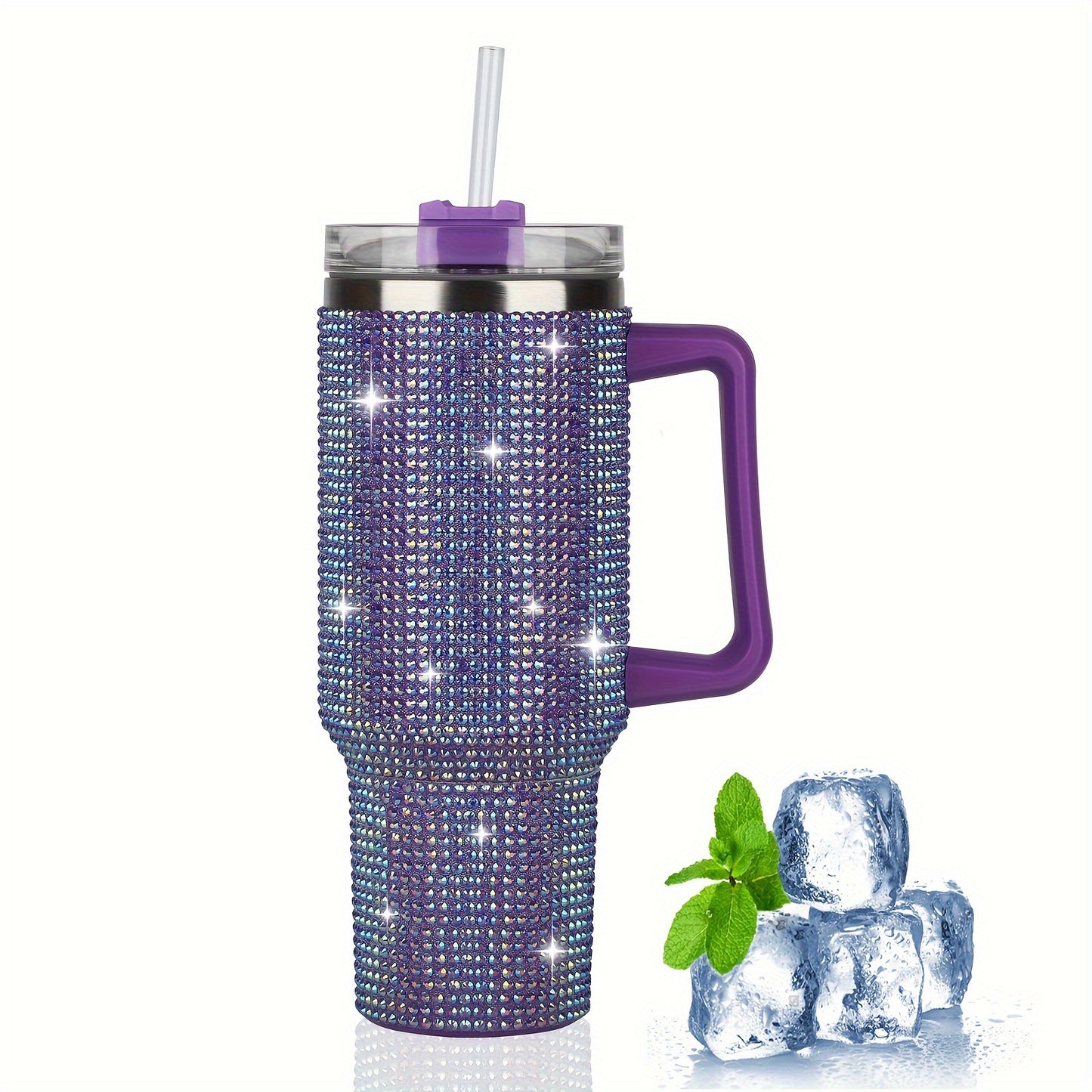 AQUANA™ 40 OZ TUBLER WHITE HANDLE STUDDED, TUMBLER WHITE LID AND STRAW INSULATED STAINLESS STEEL DOUBLE WALL WATER CUP, TRAVEL MUG