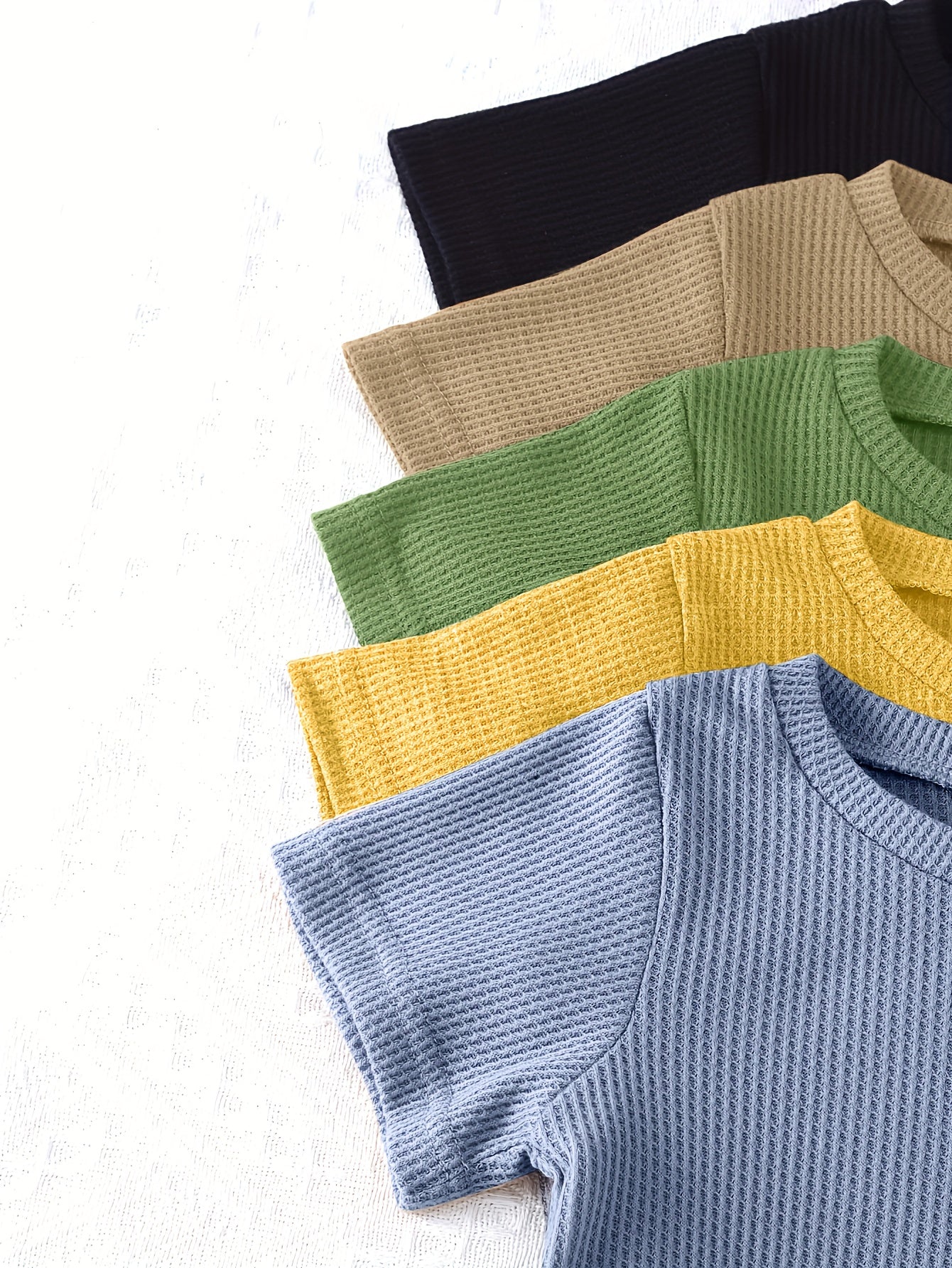 PLAYTIME™️10pcs OUTFIT Boys Casual Style Solid Color Soft and Comfortable Waffle Knit Fabric Short Sleeve Shorts Suit