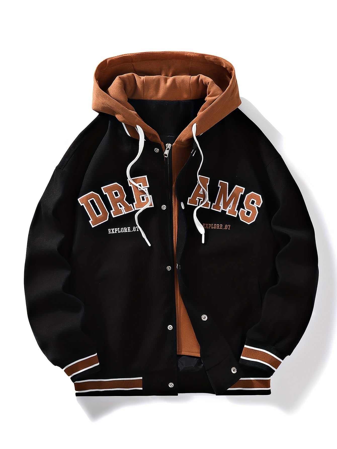 JUST JACKET™ Men's Casual Letter Print Hooded Varsity Jacket, Chic Vintage Style Thin Bomber Jacket for Spring Fall