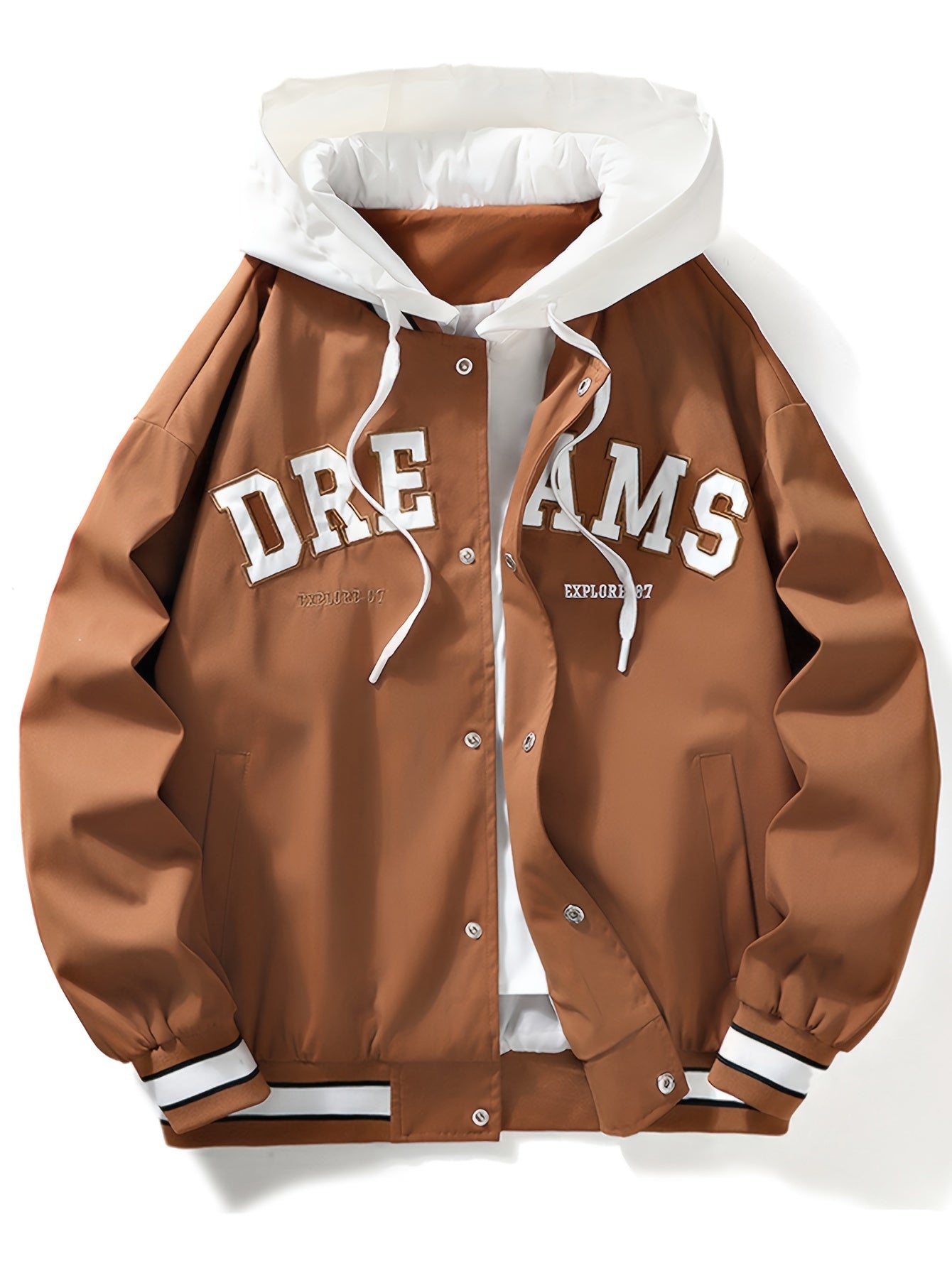 JUST JACKET™ Men's Casual Letter Print Hooded Varsity Jacket, Chic Vintage Style Thin Bomber Jacket for Spring Fall