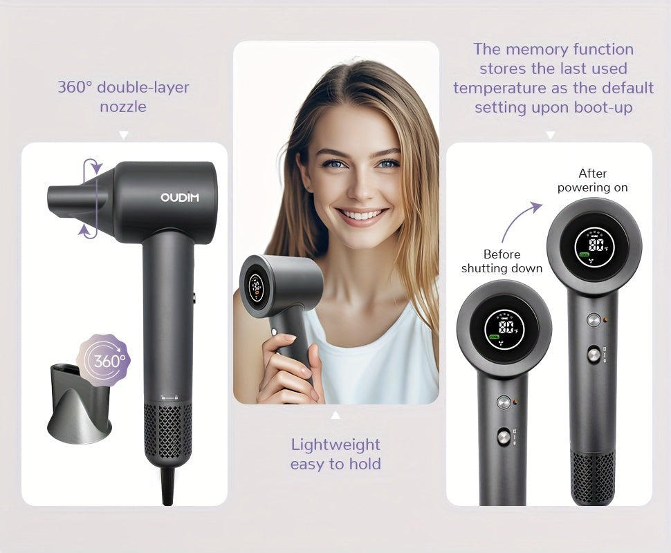 Oudif ™️Professional High-Speed Ionic Hair Dryer, 110000 RPM Brushless Motor, 4 Temperature Settings with LED Display, 2 Speed/Cold Options, Quiet Operation, Ergonomic Handle, US Plug –