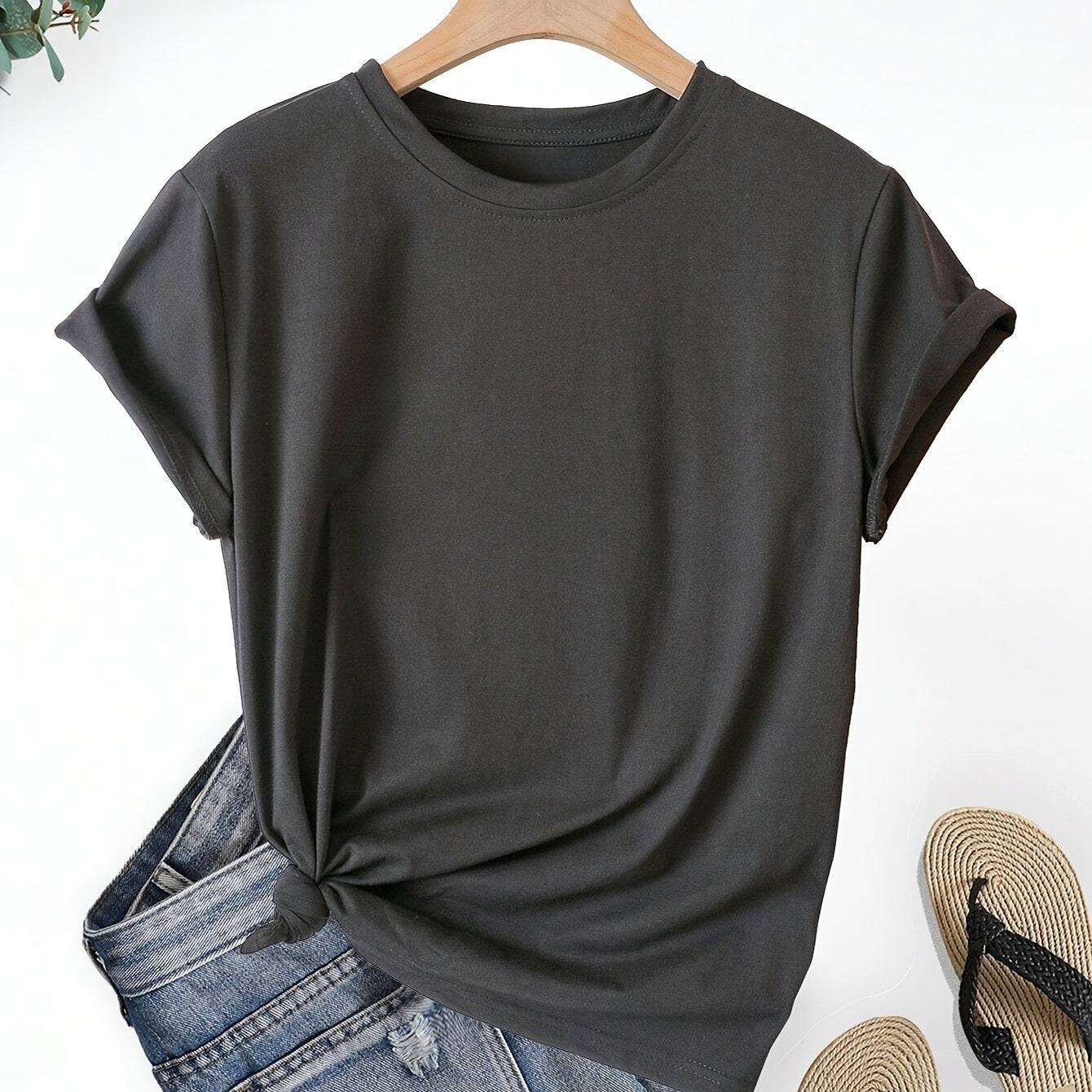 JUSTA™️Women's shorts sleeve Summer Essential 100% Polyester Short Sleeve T-Shirt - Classic Black Crew Neck for Women, Knot Detail, Machine Washable & Dry Cleanable