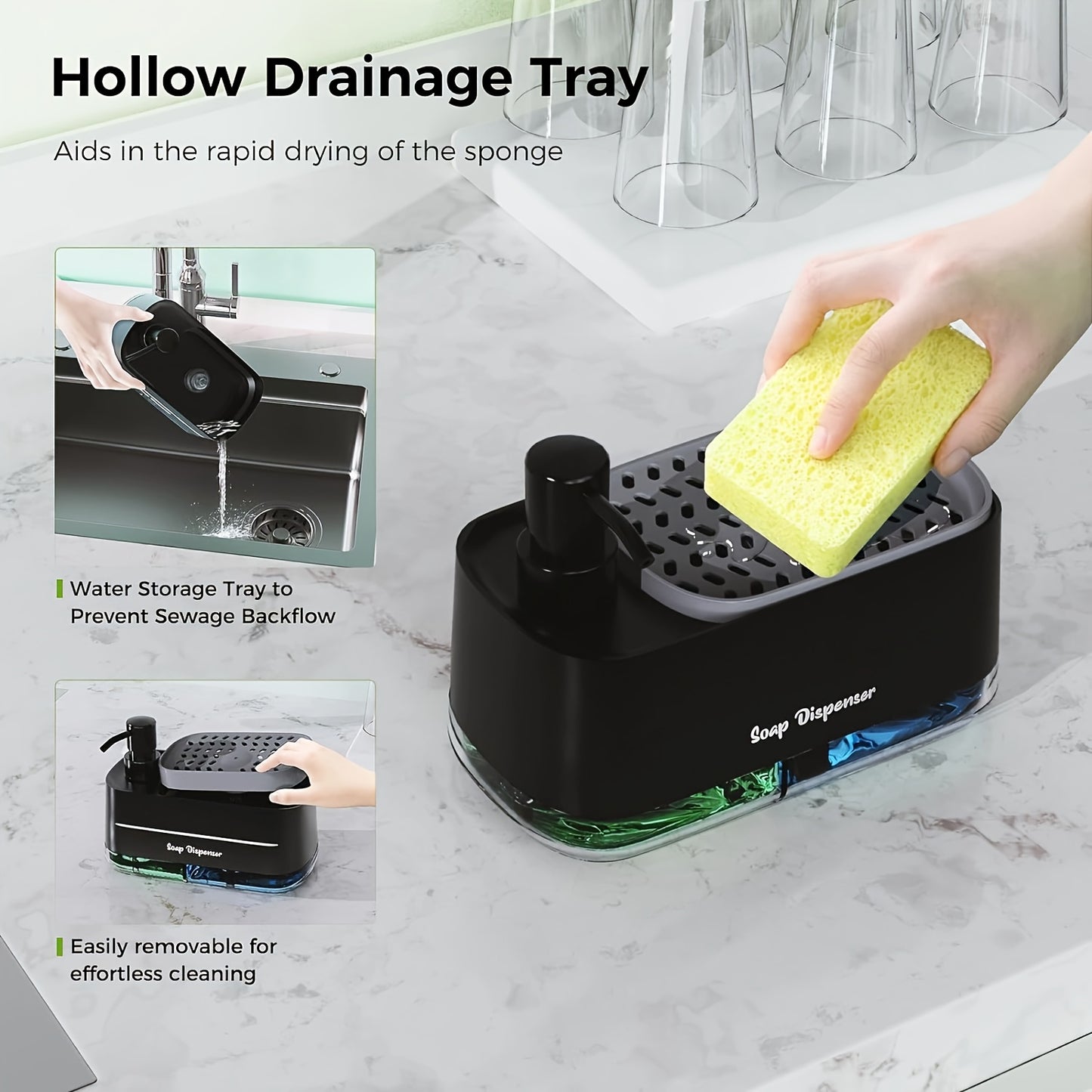 DISHWELL™ 4-In-1 Dish Soap Dispenser Set with Sponge Holder, Kitchen Countertop Bathroom Soap Dispenser, No-Bap Plastic, Freestanding, Battery-Free, Perfect Pumps, Leakproof,