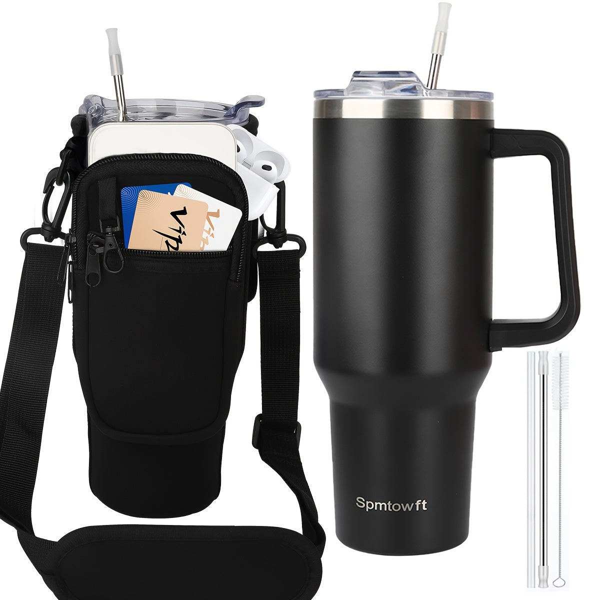 TWOINONE ™ 40oz Tumbler with Handle and Straw Lid & Carrier Bag, Stainless Steel Double Vacuum Coffee baler With Purse Pouch Phone Pocket, Gym Water Bottle Travel Mug for Men Women with Sleeve Holder