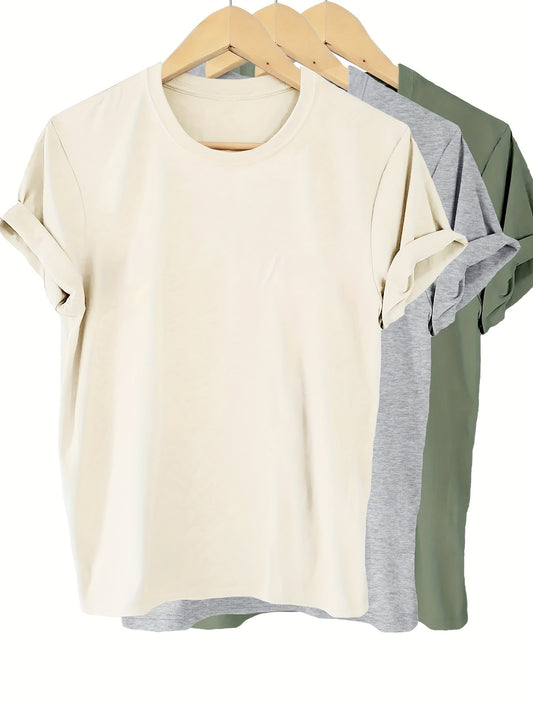 3pcs sister™️ Women's t shirts Solid Color 100% T-shirt, Summer And Spring Short Sleeved Round Neck Casual Top, Women's Clothing
