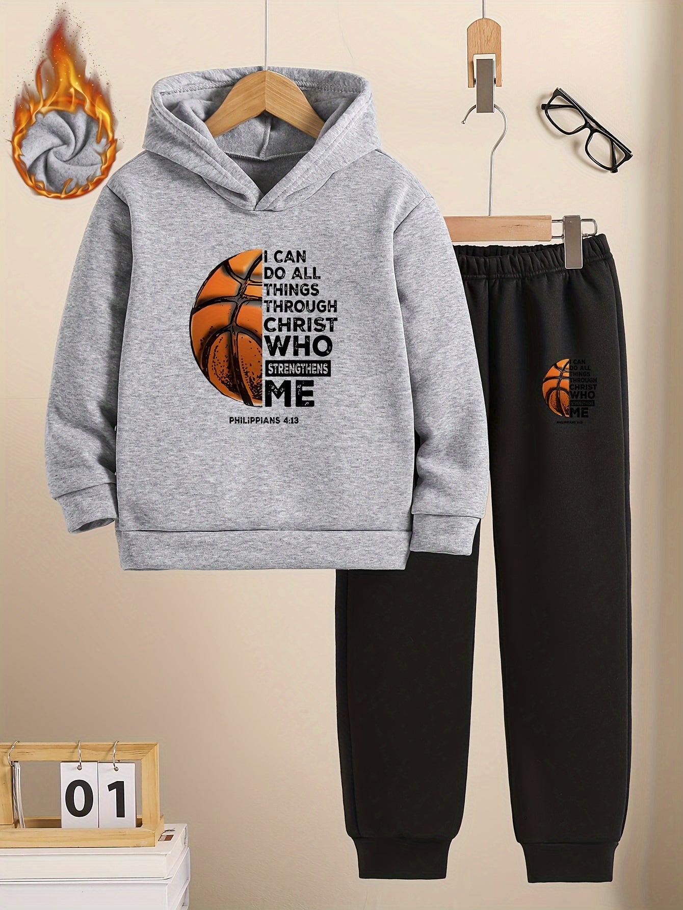 Boys™' Trendy Basketball & Letter Print Fleece-Lined Hoodie and Joggers Set - Warm, Thick Casual Sportswear for Fall/Winter, Red, Polyester, Perfect for Outdoor