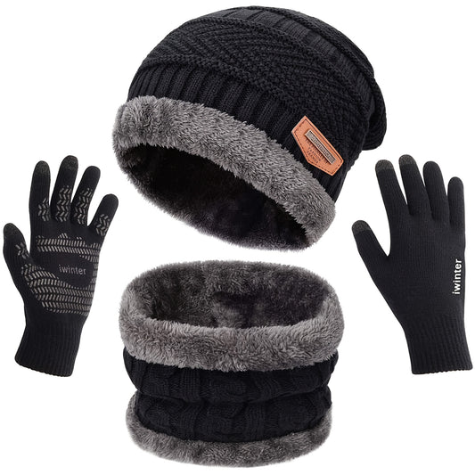 INTERWARM™ 3pcs Men /women Winter Essentials Set: Hat Scarf Gloves Slouchy Beanie Snow Knit Skull Cap Tuch Screen