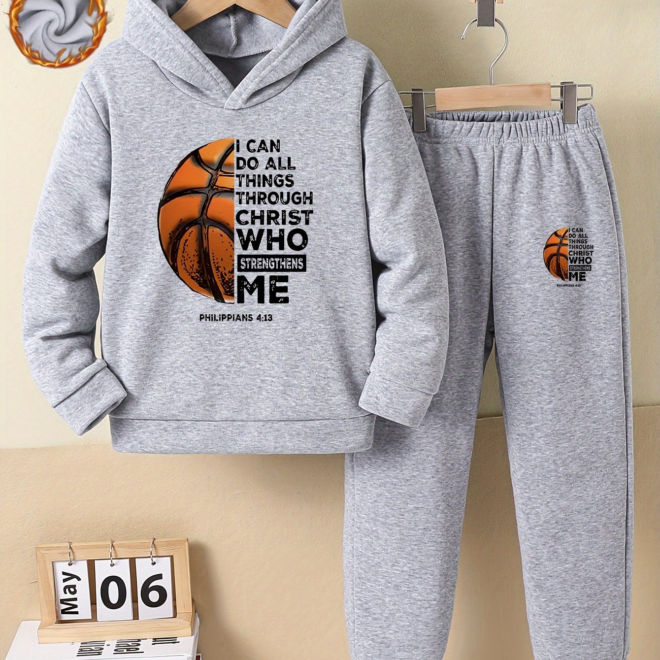 Boys™' Trendy Basketball & Letter Print Fleece-Lined Hoodie and Joggers Set - Warm, Thick Casual Sportswear for Fall/Winter, Red, Polyester, Perfect for Outdoor