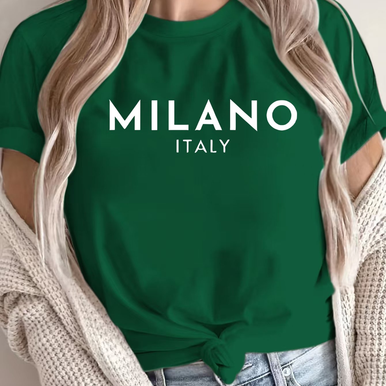 MILANO ™️ Women's Casual Polyester T-Shirt with "Milano Italy" Letter Print, Short Sleeve Crew Neck Top, All-Season Knit Fabric Tee, Regular Length - 180gsm