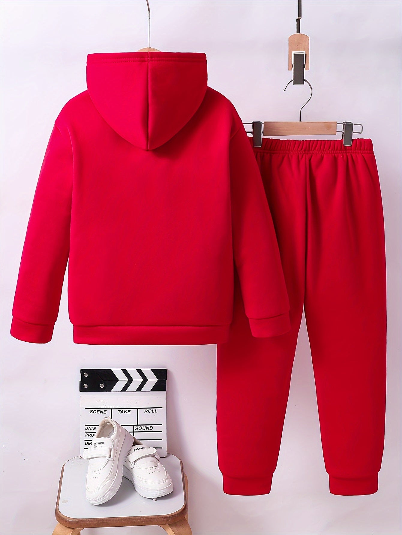 Boys™' Trendy Basketball & Letter Print Fleece-Lined Hoodie and Joggers Set - Warm, Thick Casual Sportswear for Fall/Winter, Red, Polyester, Perfect for Outdoor