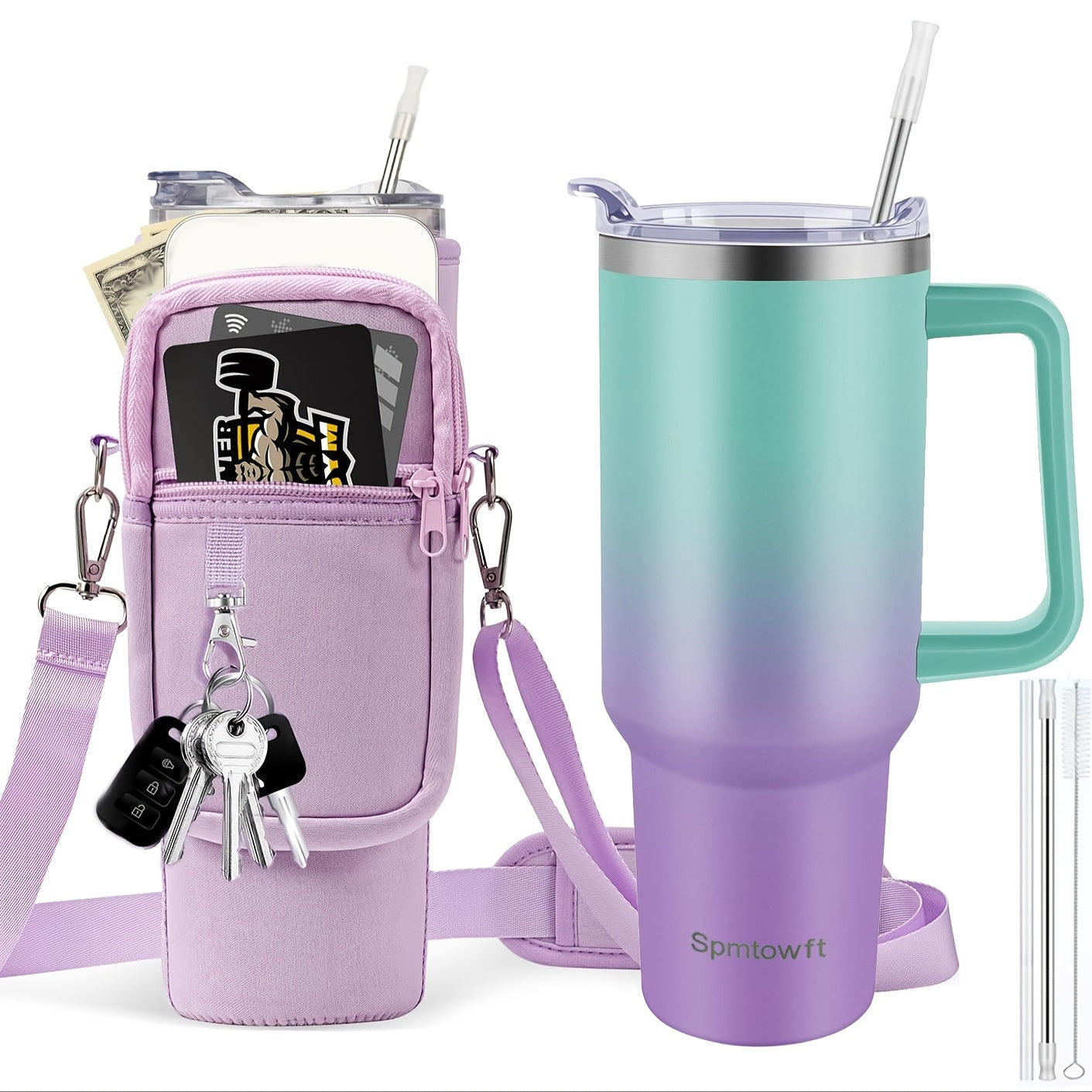 TWOINONE ™ 40oz Tumbler with Handle and Straw Lid & Carrier Bag, Stainless Steel Double Vacuum Coffee baler With Purse Pouch Phone Pocket, Gym Water Bottle Travel Mug for Men Women with Sleeve Holder
