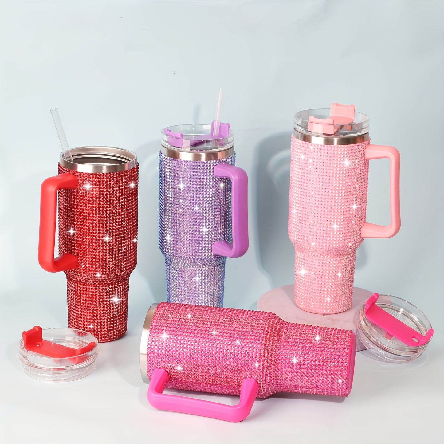 AQUANA™ 40 OZ TUBLER WHITE HANDLE STUDDED, TUMBLER WHITE LID AND STRAW INSULATED STAINLESS STEEL DOUBLE WALL WATER CUP, TRAVEL MUG