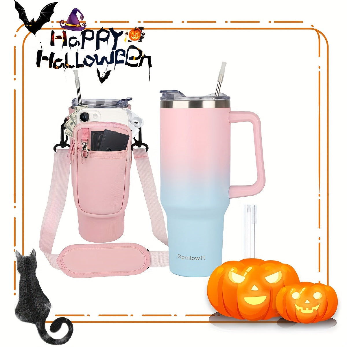 TWOINONE ™ 40oz Tumbler with Handle and Straw Lid & Carrier Bag, Stainless Steel Double Vacuum Coffee baler With Purse Pouch Phone Pocket, Gym Water Bottle Travel Mug for Men Women with Sleeve Holder