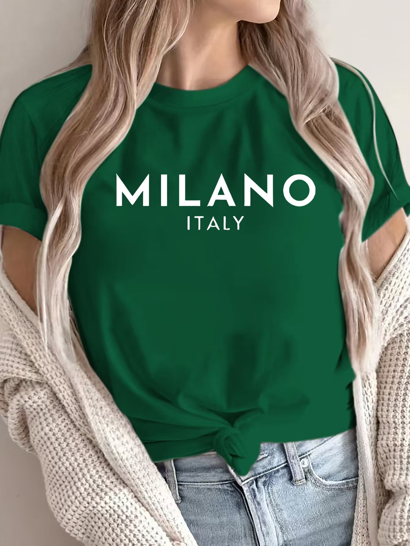 MILANO ™️ Women's Casual Polyester T-Shirt with "Milano Italy" Letter Print, Short Sleeve Crew Neck Top, All-Season Knit Fabric Tee, Regular Length - 180gsm