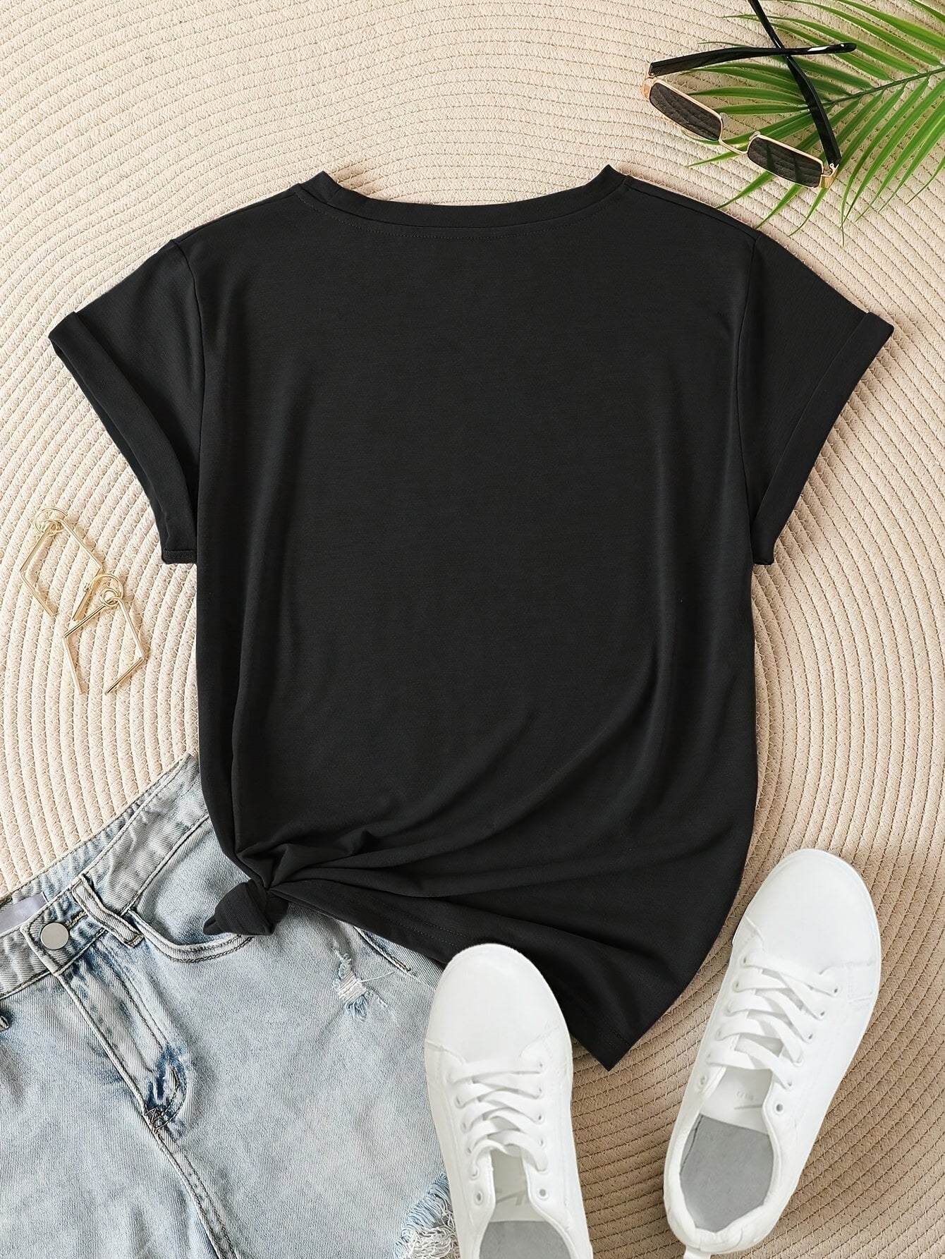 JUSTA™️Women's shorts sleeve Summer Essential 100% Polyester Short Sleeve T-Shirt - Classic Black Crew Neck for Women, Knot Detail, Machine Washable & Dry Cleanable