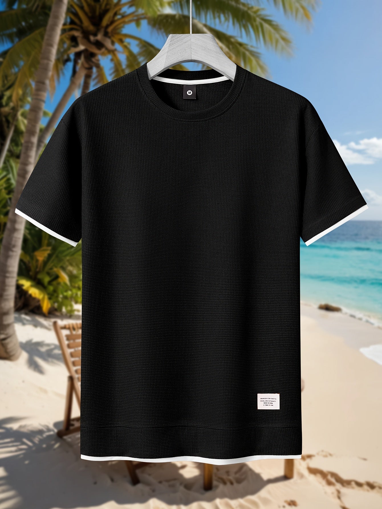 HOTOFF™️Men's Summer Casual Waffle Knit T-Shirt, 100% Polyester Crew Neck Short Sleeve Tee, Geometric Pattern, Slight Stretch, Loose Fit, 180g/m² -