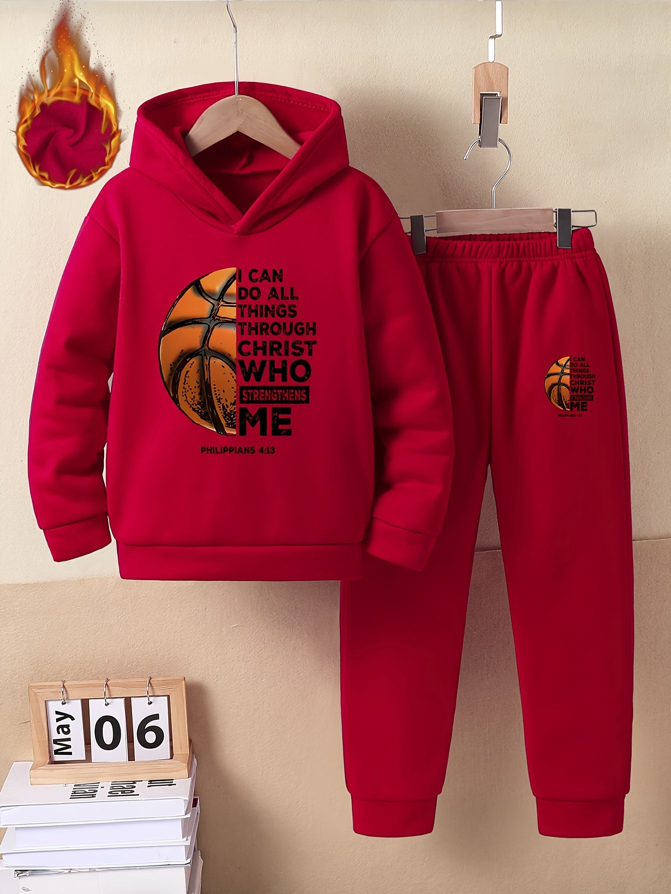 Boys™' Trendy Basketball & Letter Print Fleece-Lined Hoodie and Joggers Set - Warm, Thick Casual Sportswear for Fall/Winter, Red, Polyester, Perfect for Outdoor