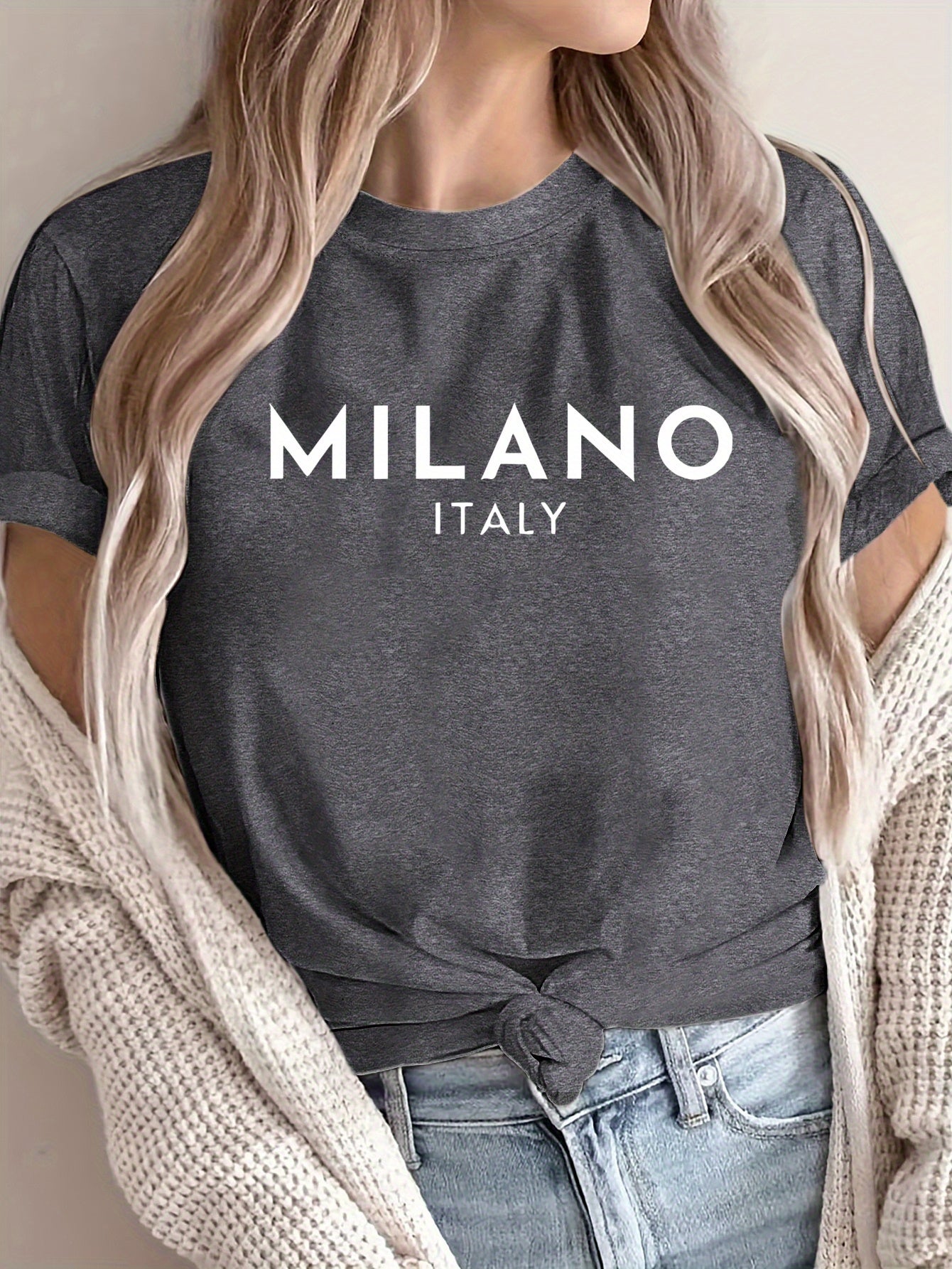 MILANO ™️ Women's Casual Polyester T-Shirt with "Milano Italy" Letter Print, Short Sleeve Crew Neck Top, All-Season Knit Fabric Tee, Regular Length - 180gsm