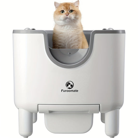 FUROOMATE™️ Open-Top Self-Cleaning Cat Litter Box, Automatic Design with Built-in Scale, Easy Maintenance & Odor Control, Indoor Use, Supports Up to 180 lbs, White, Automatic Cat Litter Box