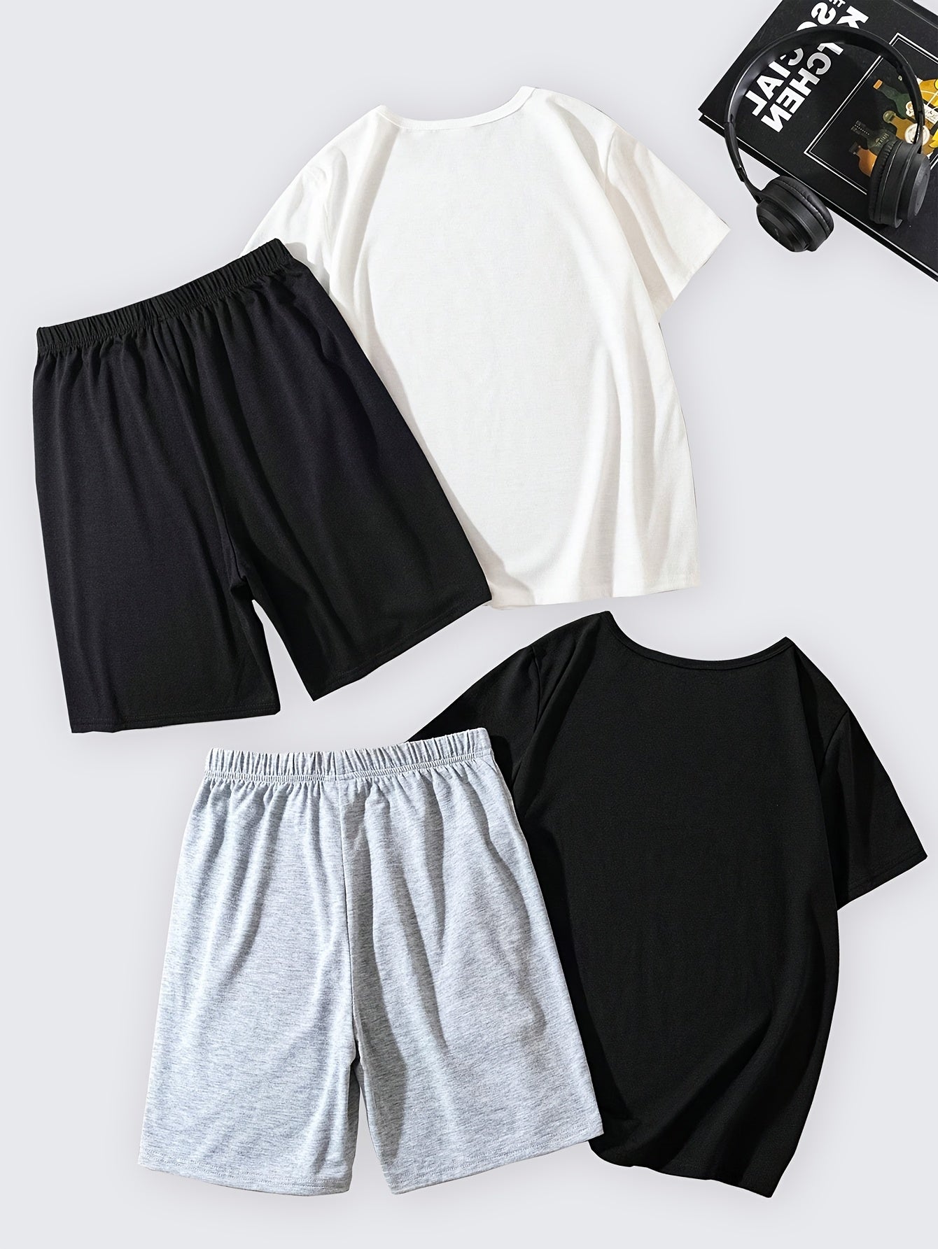 FORTH™️4pcs Boy Casual Outfit Set - Vibrant Graffiti & "COOL" Printed T-Shirts and Shorts, 100% Polyester, Round Neck, Spring/Summer Collection, Tween Boy Clothes, Perfect for Outdoor