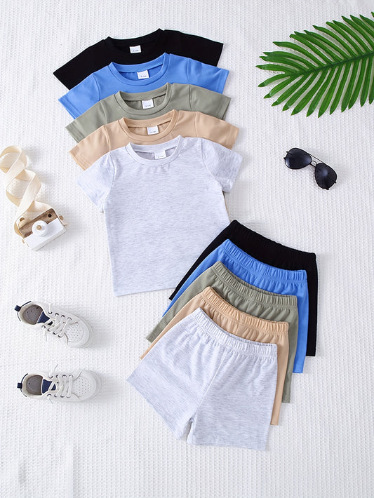 10 Pieces kids' boys t shirts and shorts  Soft And Comfortable Knitted Fabric Solid Color Base Layer Short-Sleeve Tops And Shorts for Infants And Toddlers.