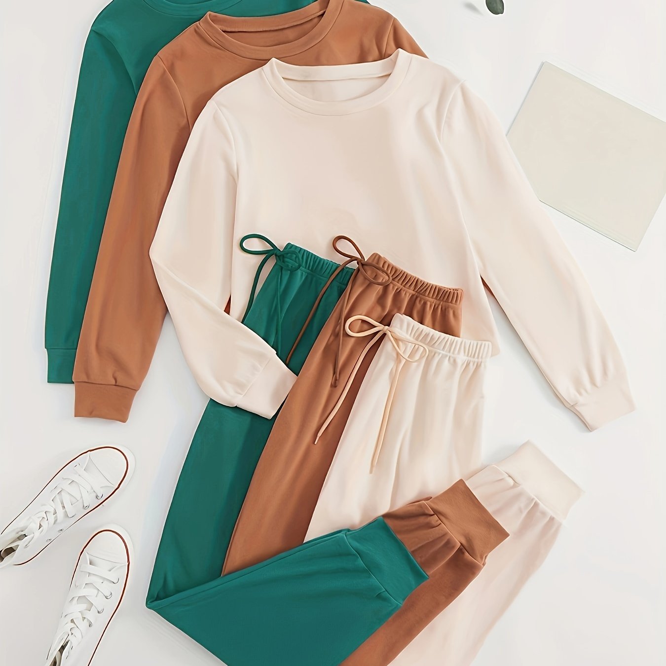 SORAYA™ Women's 6pcs Athletic Set: Long Sleeve & Pants in Teal, Peach, and Brown - Soft Polyester, Round Neck, Machine Washable - Stylish and Comfortable Sportswear