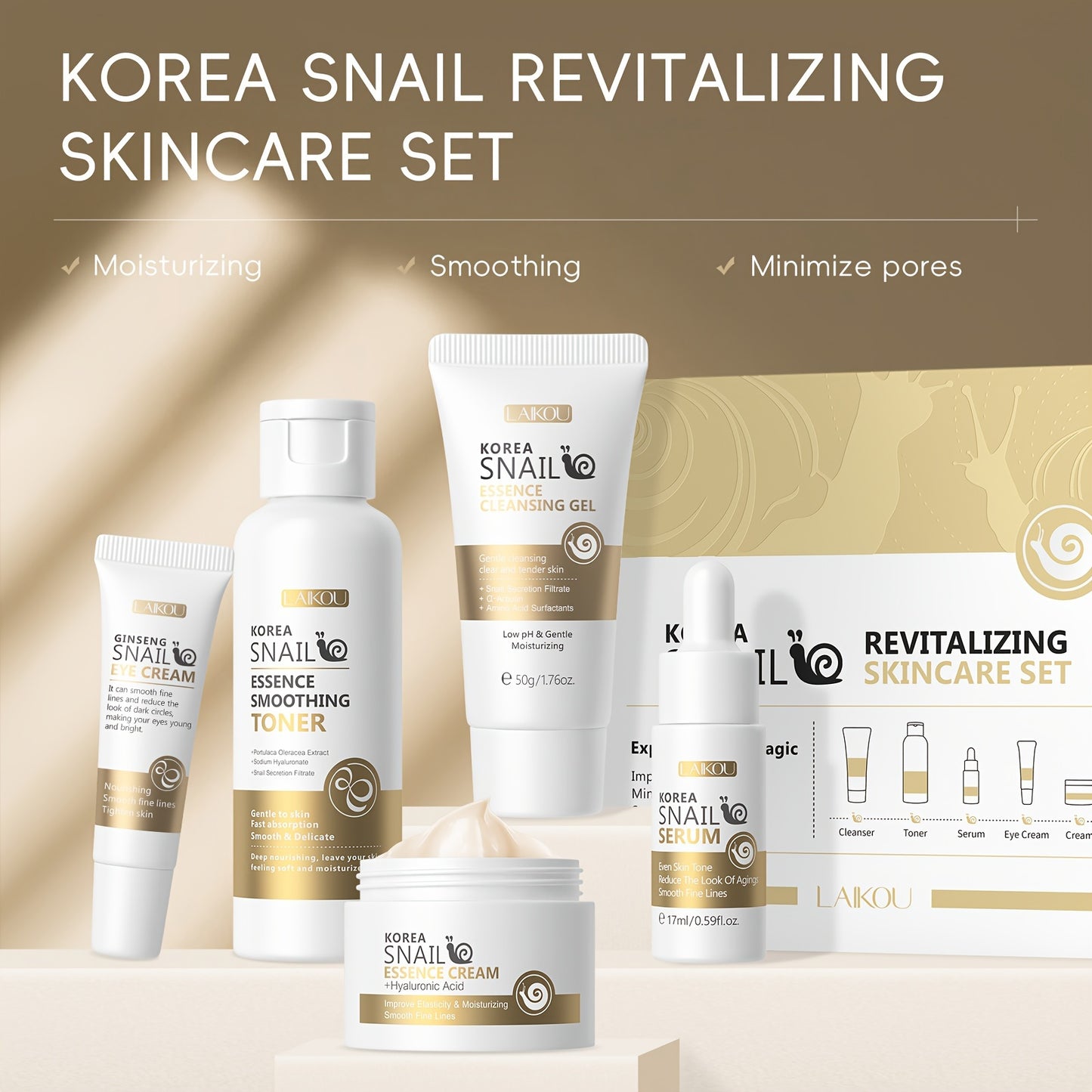 KOREAN™ skincare LAIKOU Snail Mucin 5-Step Skincare Set - Hypoallergenic Revitalizing Kit, Unisex, for All Skin Types, Includes Cleansing Gel