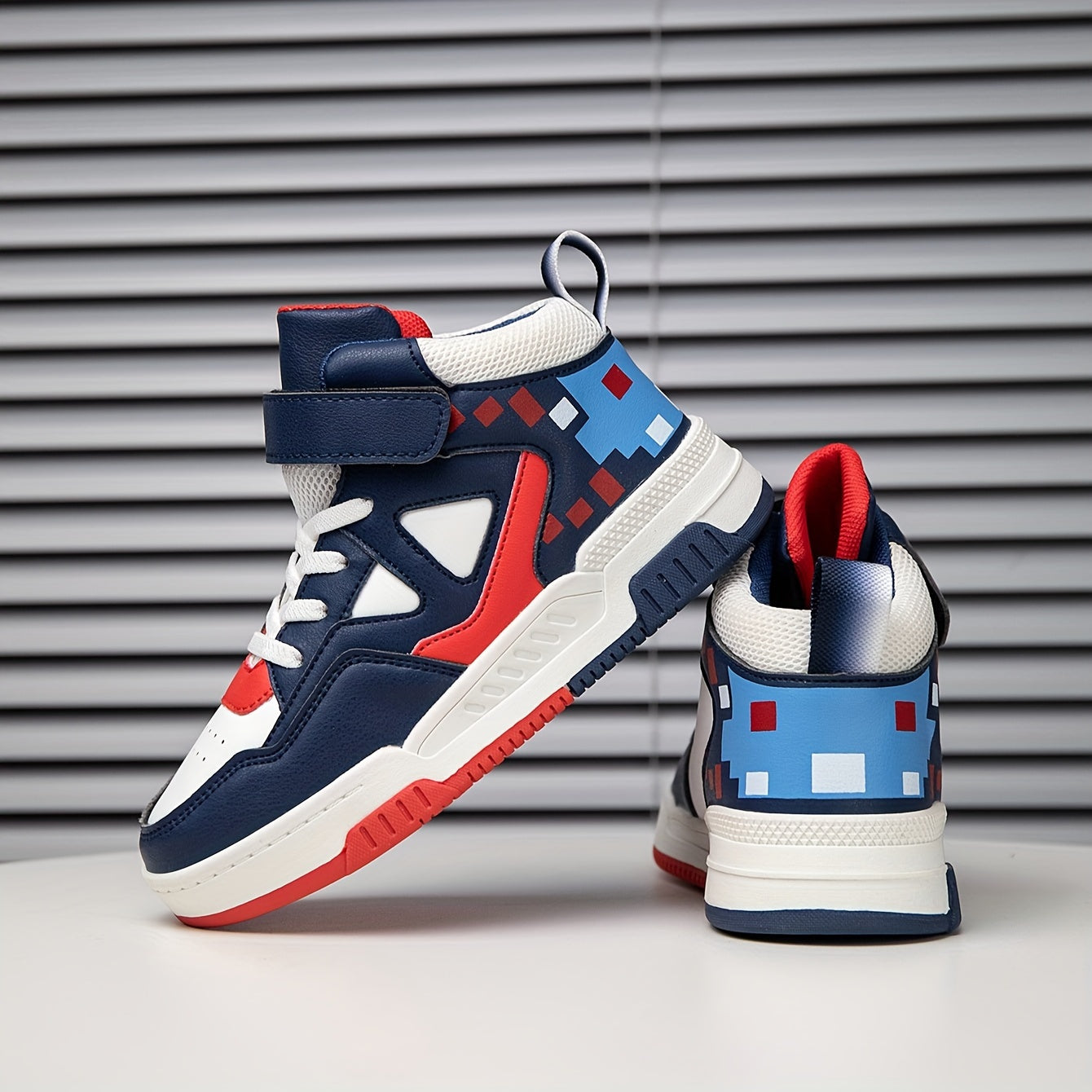 Youngsters' ™️High-Top Sneakers - Breathable, Comfortable Casual Running Shoes with Easy Slip-On Hook-and-loop Fastener Closure for Boys & Girls - Fashionable Geometric Print, All-Season Wear