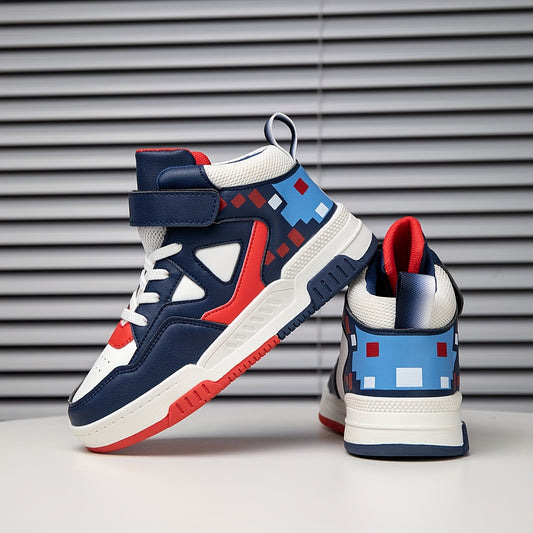 Youngsters' ™️High-Top Sneakers - Breathable, Comfortable Casual Running Shoes with Easy Slip-On Hook-and-loop Fastener Closure for Boys & Girls - Fashionable Geometric Print, All-Season Wear