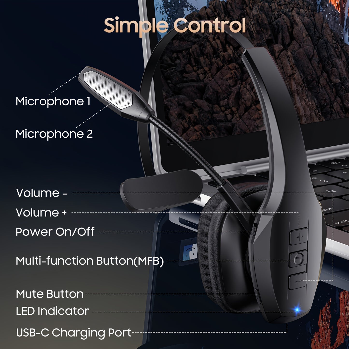 Trucker™ Bluetooth Headset, 55Hrs Working Time 36Hrs Talking Time Wireless Headphone with Dual Noise Cancelling Microphone Headset for PC Cell Phones, Computer, Truck Driver