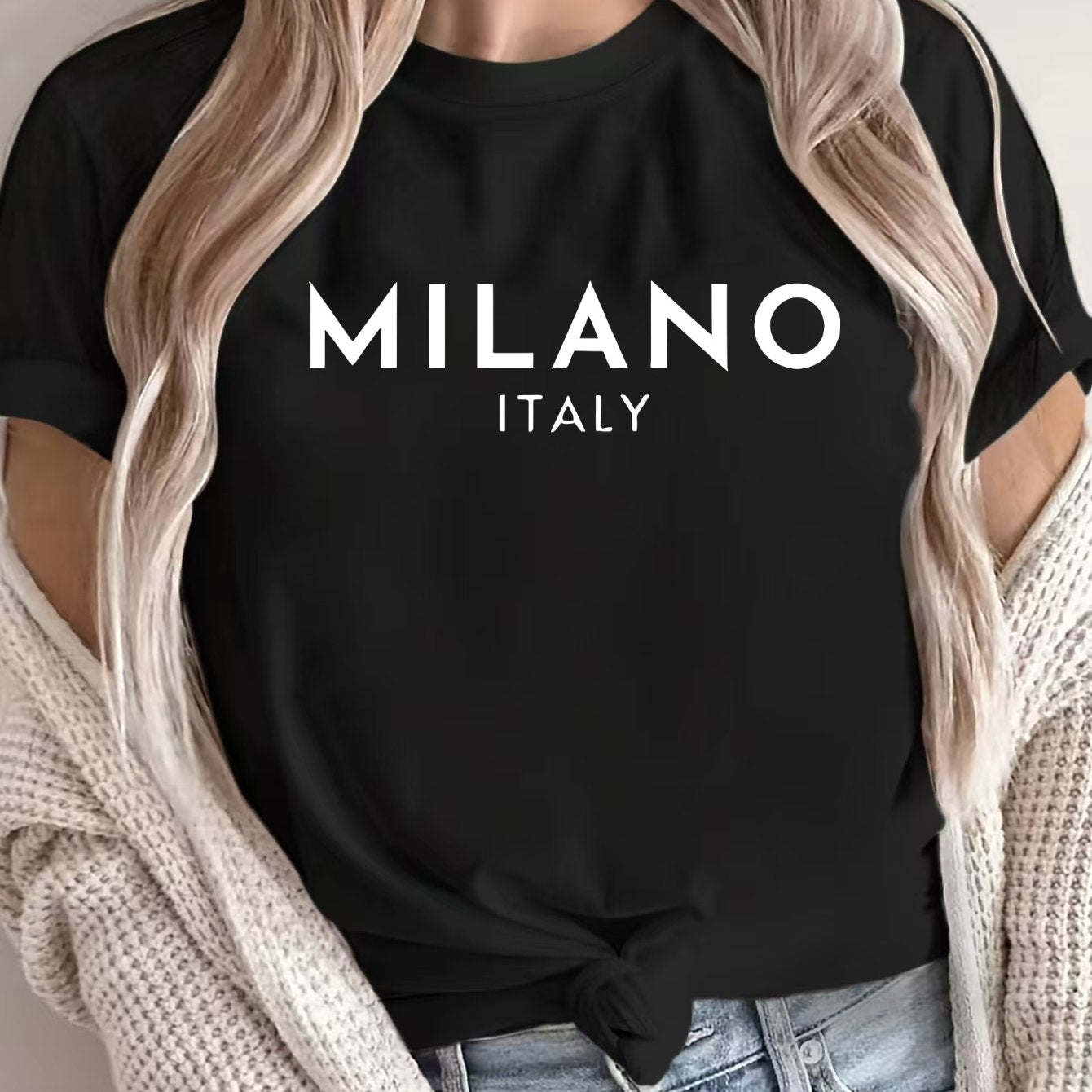 MILANO ™️ Women's Casual Polyester T-Shirt with "Milano Italy" Letter Print, Short Sleeve Crew Neck Top, All-Season Knit Fabric Tee, Regular Length - 180gsm