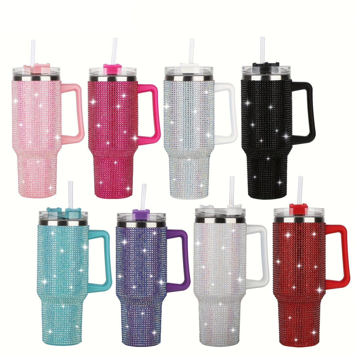 AQUANA™ 40 OZ TUBLER WHITE HANDLE STUDDED, TUMBLER WHITE LID AND STRAW INSULATED STAINLESS STEEL DOUBLE WALL WATER CUP, TRAVEL MUG
