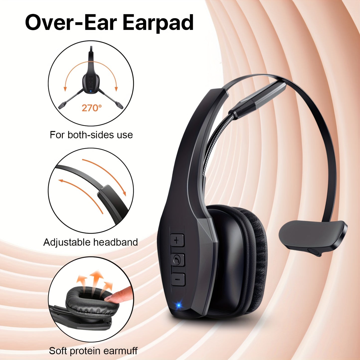 Trucker Headset, 55Hrs Working Time 36Hrs Talking Time Wireless Headphone with Dual Noise Cancelling Microphone Headset for PC Cell Phones, Computer, Truck Driver