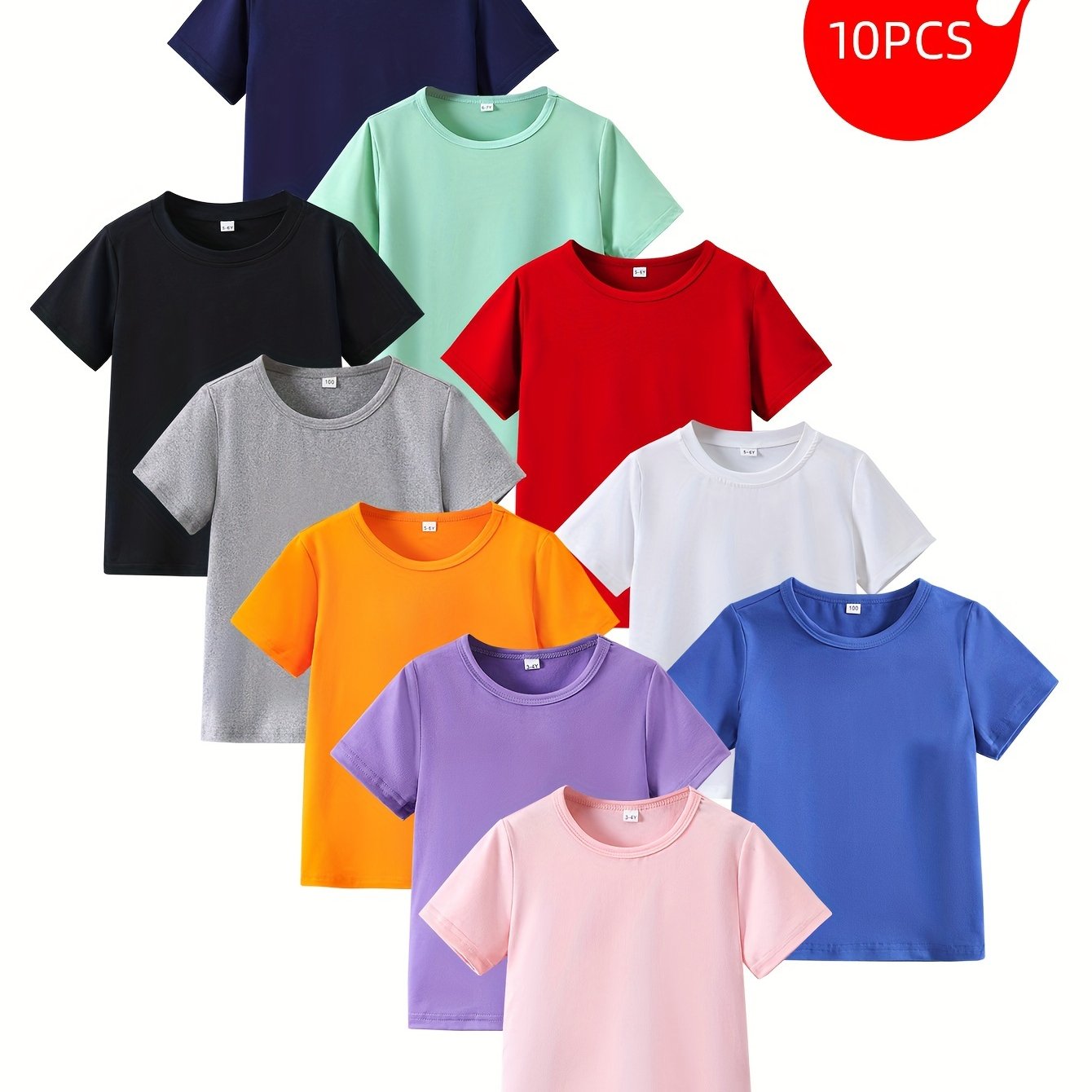 10-Pack Youth Summer Solid Color Crew Neck Tees, Casual Style Polyester Blend (95% Polyester, 5% Spandex) with Slight Stretch, Knit Short Sleeve Shirts for Ages 12 and Under