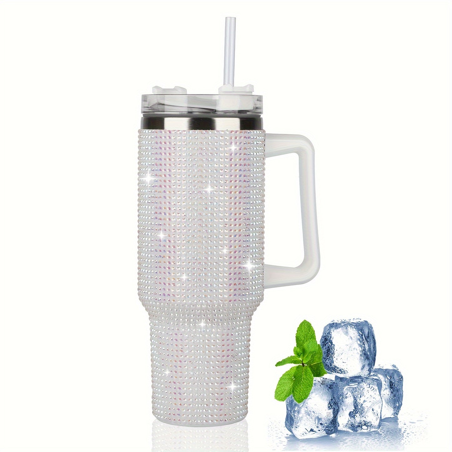 AQUANA™ 40 OZ TUBLER WHITE HANDLE STUDDED, TUMBLER WHITE LID AND STRAW INSULATED STAINLESS STEEL DOUBLE WALL WATER CUP, TRAVEL MUG