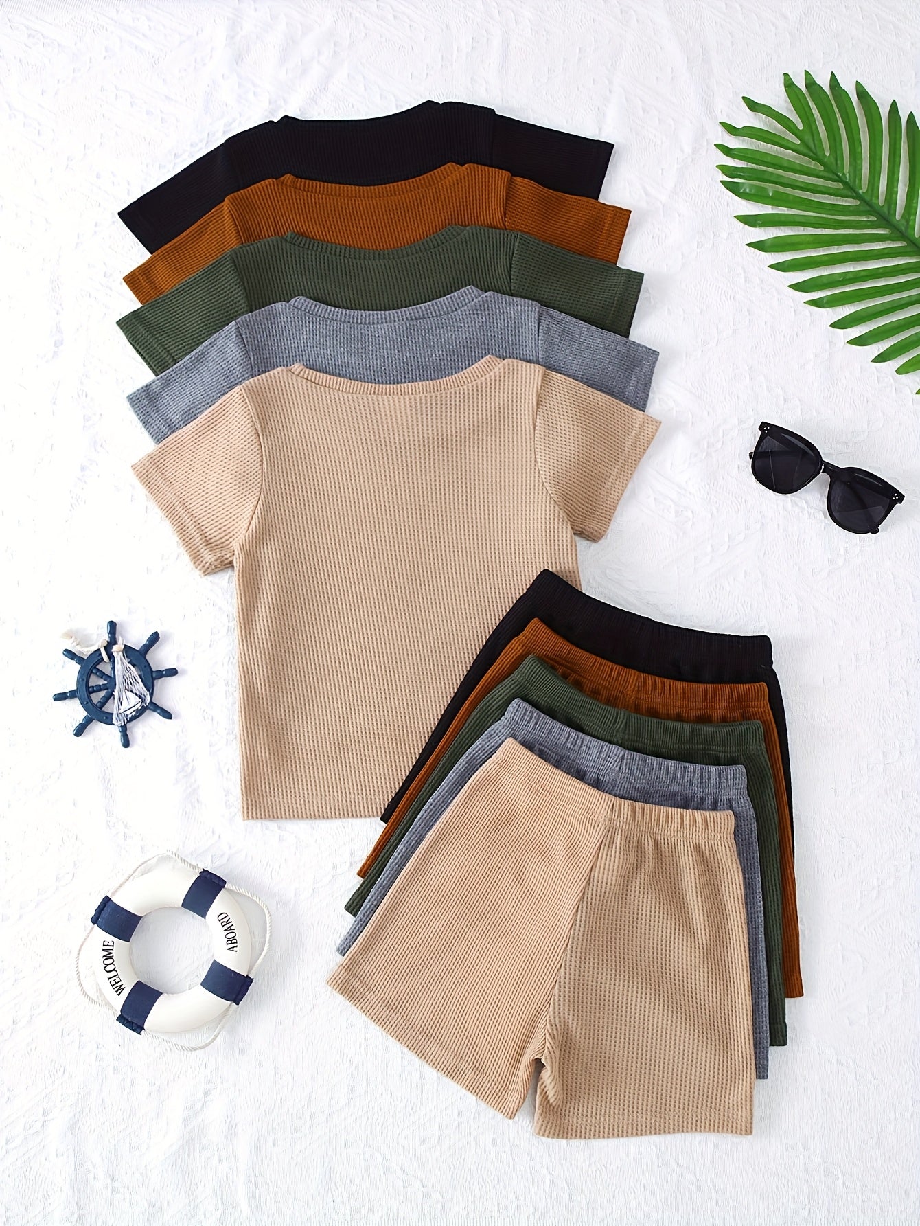 PLAYTIME™️10pcs OUTFIT Boys Casual Style Solid Color Soft and Comfortable Waffle Knit Fabric Short Sleeve Shorts Suit