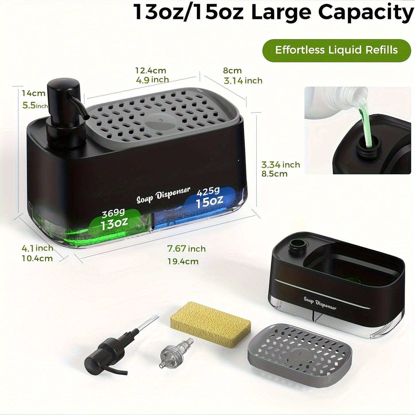 HAND™ DISH SOAP DISPENSER 4-In-1 Deluxe Soap Dispenser Set - Freestanding, Battery-Free, Leakproof, No-BPA Plastic, Perfect Pumps, Convenient Sponge Holder,