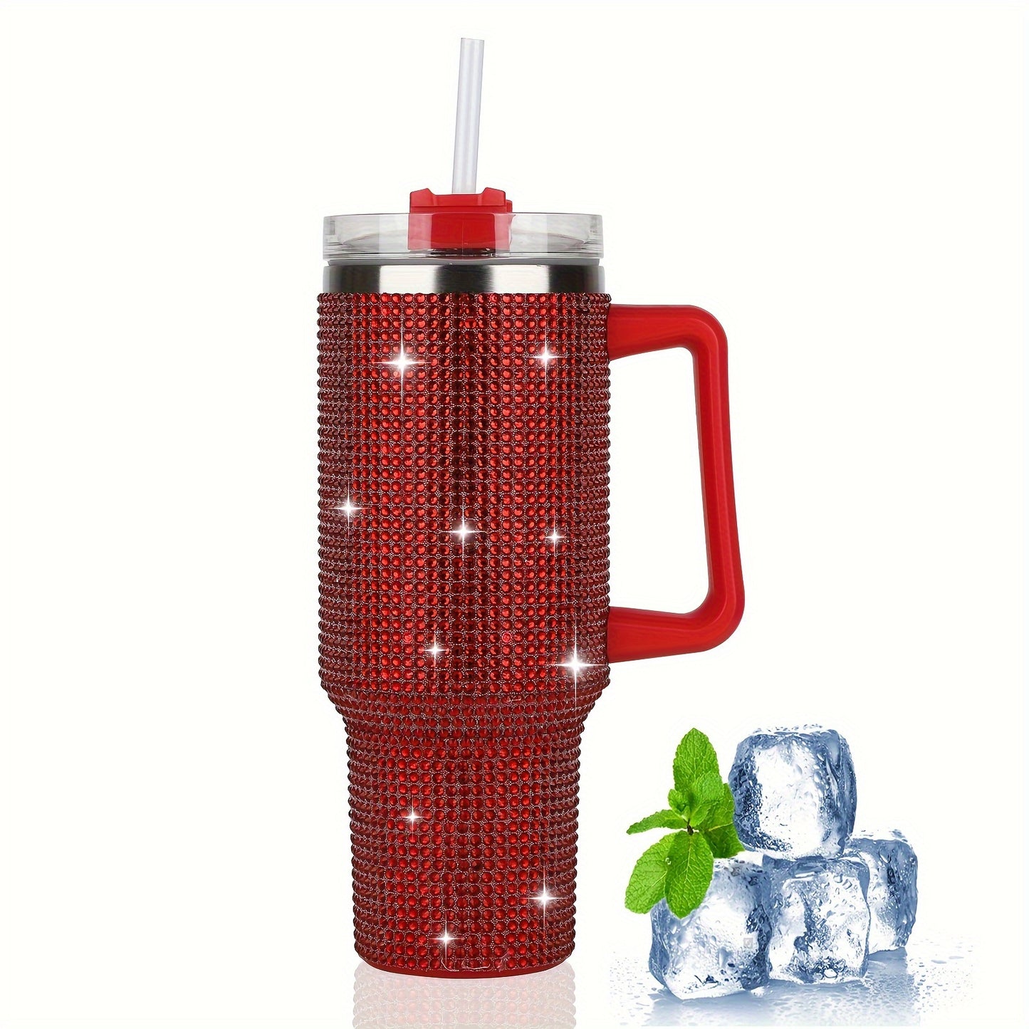 AQUANA™ 40 OZ TUBLER WHITE HANDLE STUDDED, TUMBLER WHITE LID AND STRAW INSULATED STAINLESS STEEL DOUBLE WALL WATER CUP, TRAVEL MUG