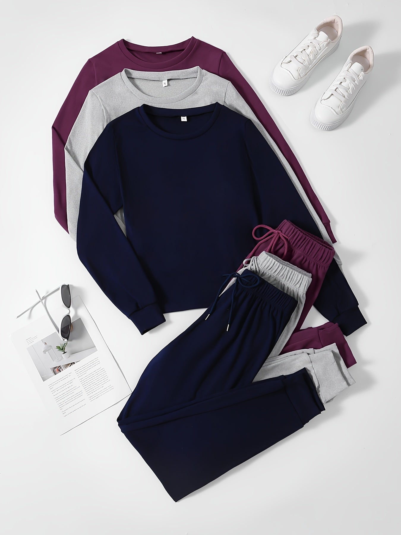 SORAYA™ Women's 6pcs Athletic Set: Long Sleeve & Pants in Teal, Peach, and Brown - Soft Polyester, Round Neck, Machine Washable - Stylish and Comfortable Sportswear